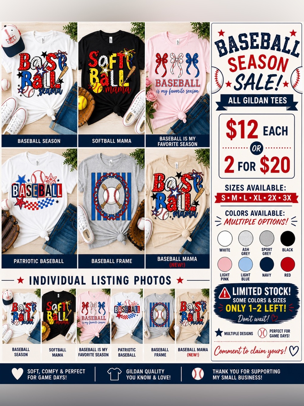 Gildan Baseball Season Graphic Tee. Customized sizes and Colors!! 2 for 20!!